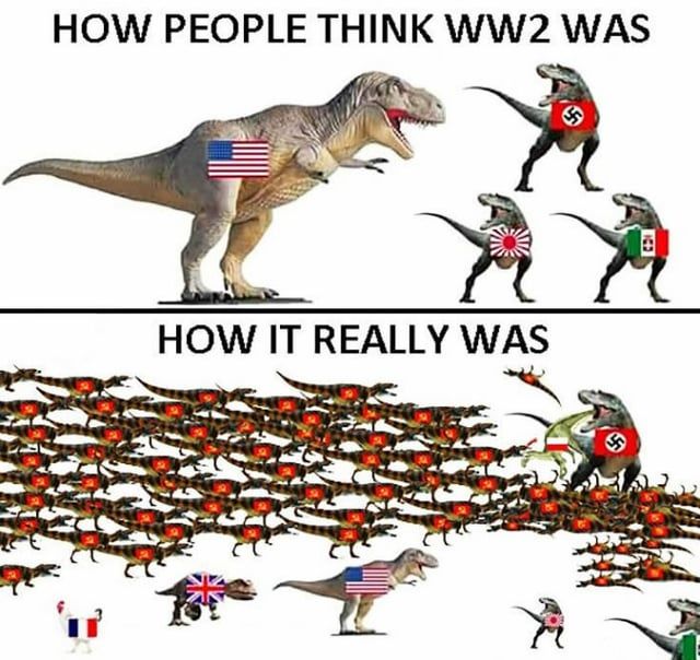 How people think WWII was versus how it really was. Depicts combatants as dinosaurs, showing how the Russians were far greater in number and more effective in pushing back the Axis nations than the USA.