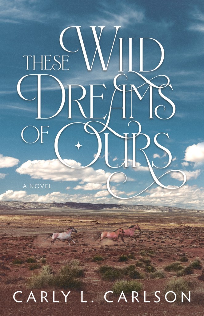 Cover of These Wild Dreams of Ours, big blue sky and a scene of horses on the American plains
